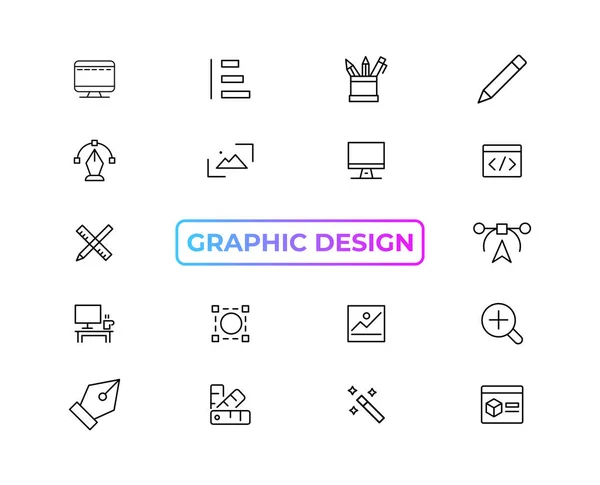 Set of thin line icons of graphic design. Simple linear icons in a modern style flat, Creative Process. Graphic design, creative package, stationary, software and more simple UI, UX vector icon