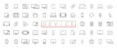 Device and technology line icon set. Electronic devices and gadgets, computer, equipment and electronics. Computer monitor, smartphone, tablet and laptop sumbol collection
