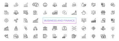 Business and Finance line icons set. Businessman outline icons collection. Money, investment, teamwork, meeting, partnership, meeting, work succes