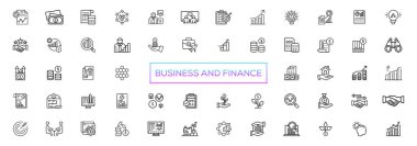 Business and Finance line icons set. Businessman outline icons collection. Money, investment, teamwork, meeting, partnership, meeting, work succes