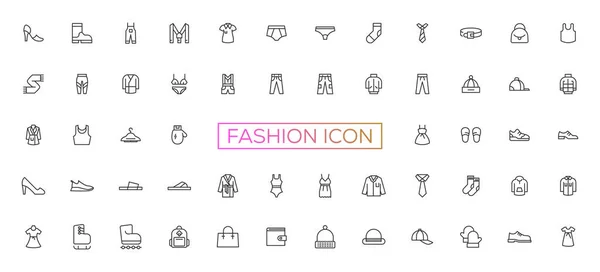 Clothes, Fashion Line Icons. Vector Illustration Included Icon as Jacket, Winter Coat, Sweatshirt, Dress, Hoody, Jeans, Hanger and other Apparel Flat Pictogram for Cloth Store