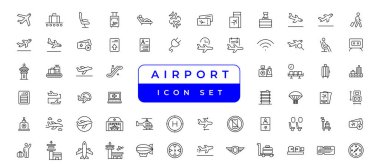 Airport vector line icon set. Contains linear outline icons like Plane, Ticket, Baggage, Seat, Wifi, Bag, Departure, Terminal, Passport, Transport, Luggage, Airplane