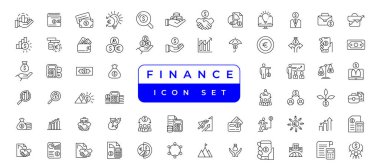 business and finance Vector set with money, bank, check, law, auction, exchance, payment, wallet, deposit, piggy, calculator, web and more isolated outline thin symbol