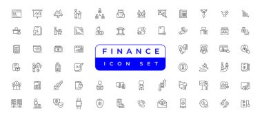 business and finance Vector set with money, bank, check, law, auction, exchance, payment, wallet, deposit, piggy, calculator, web and more isolated outline thin symbol