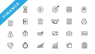 business and finance Vector set with money, bank, check, law, auction, exchance, payment, wallet, deposit, piggy, calculator, web and more isolated outline thin symbol