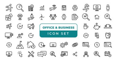 Office and Business thin line web icons. Outline icons collection. Business, Marketing, Banking, SEO, Teamwork and other symbols. Office management sumbols.