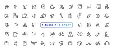 Spor ve fitness - minimal ince çizgi web simgesi seti. Anahat simgeleri koleksiyonu. Basit vektör çizimi