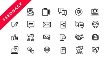 Feedback Outline Icon Collection. Thin Line Set contains such Icons as Rating, Testimonials, Quick Response, Satisfaction and more. Simple web icon set