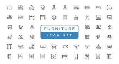 Mobilya - en az ince çizgi ağ simgesi seti. Taslak simge koleksiyonu. Basit vektör illüstrasyonu.