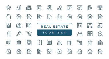 Real Estate thin line icons. Real estate symbols set. House, Home, Realtor, Agent, Plan editable stroke icon. Real estate icons collection. House line icons