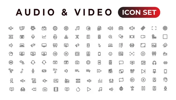 Пакет Аудио Видео Иконок Тонкая Линия Иконки Установлены Набор Иконок — стоковый вектор