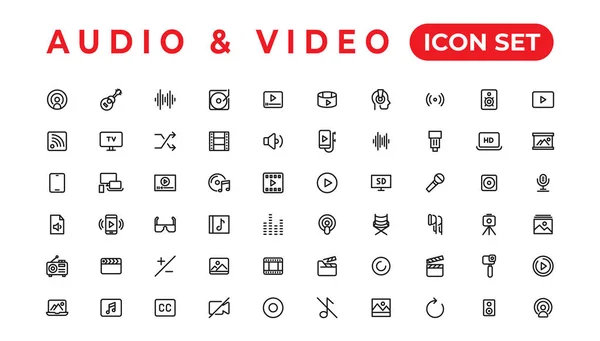 Audio Video Icons Pack Λεπτή Γραμμή Εικονιδίων Που Επίπεδη Συλλογή — Διανυσματικό Αρχείο