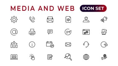 Medya ve Web simgeleri satır biçiminde. Veri analizi, dijital pazarlama, yönetim, mesaj, telefon. Vektör illüstrasyonu