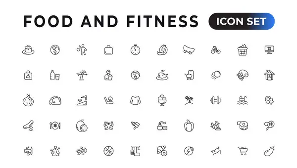 Lineare Symbolsammlung Für Lebensmittel Und Fitness Set Aus Dünnen Websymbolen — Stockvektor
