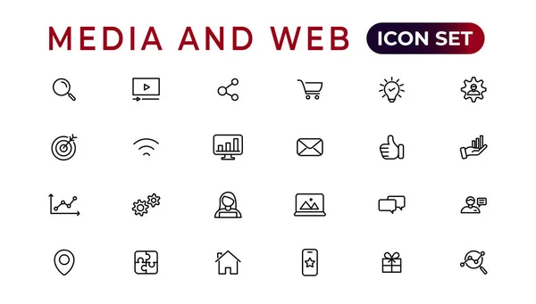 Medios Comunicación Iconos Web Estilo Línea Análisis Datos Digitalmarketing Gestión — Archivo Imágenes Vectoriales