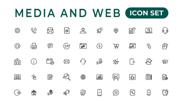 Medios Comunicación Iconos Web Estilo Línea Análisis Datos Digitalmarketing Gestión — Archivo Imágenes Vectoriales