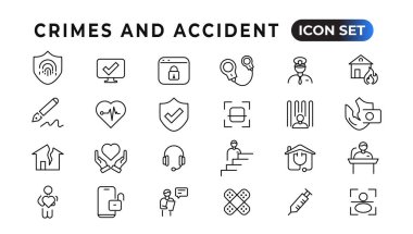Suçlar ve kaza simgeleri koleksiyonu. İnce çizgi ağ simgesi seti, basit dış hat simgeleri koleksiyonu, Piksel Mükemmel simgeler, Basit vektör çizimi