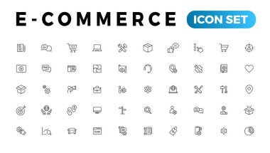 E-ticaret simgesi seti. Çevrimiçi alışveriş ve dağıtım elemanları. E-iş sembolü. Simge vektör koleksiyonu.