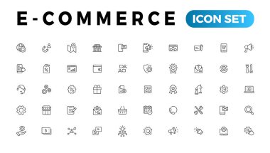 E-ticaret simgesi seti. Çevrimiçi alışveriş ve dağıtım elemanları. E-iş sembolü. Simge vektör koleksiyonu.