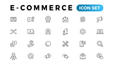 E-ticaret simgesi seti. Çevrimiçi alışveriş ve dağıtım elemanları. E-iş sembolü. Simge vektör koleksiyonu.