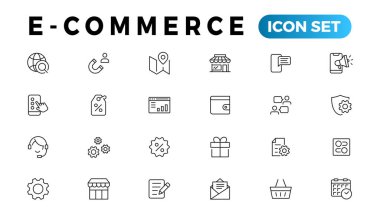 E-ticaret simgesi seti. Çevrimiçi alışveriş ve dağıtım elemanları. E-iş sembolü. Simge vektör koleksiyonu.
