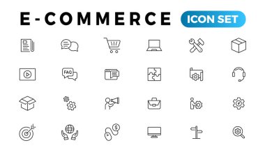 E-ticaret simgesi seti. Çevrimiçi alışveriş ve dağıtım elemanları. E-iş sembolü. Simge vektör koleksiyonu.