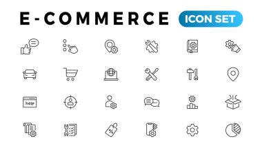 E-ticaret simgesi seti. Çevrimiçi alışveriş ve dağıtım elemanları. E-iş sembolü. Simge vektör koleksiyonu.