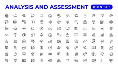 Analiz ve değerlendirme çizgisi simgeleri koleksiyonu. İnce taslak simgeleri paketle