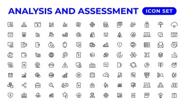 Analiz ve değerlendirme çizgisi simgeleri koleksiyonu. İnce taslak simgeleri paketle
