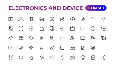 Elektronik ve aygıt çizgileri simgesi seti. Elektronik cihazlar, cihazlar, bilgisayar, ekipman ve elektronik aletler. Bilgisayar monitörü, akıllı telefon, tablet ve dizüstü bilgisayar toplam koleksiyonu