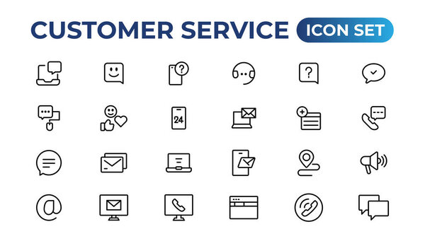 Customer service icon set. Containing customer satisfied, assistance, experience, feedback, operator and technical support icons.Thin outline icons pack