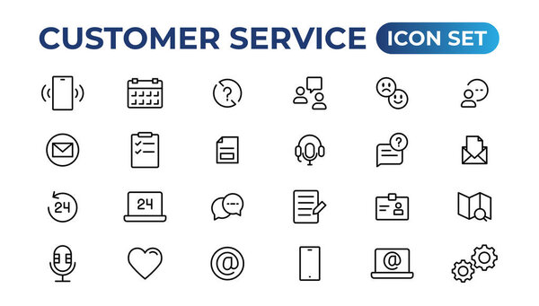 Customer service icon set. Containing customer satisfied, assistance, experience, feedback, operator and technical support icons.Thin outline icons pack