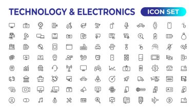Teknoloji ve Elektronik ve Aygıtlar web simgeleri hizada. Cihaz, telefon, dizüstü bilgisayar, iletişim, akıllı telefon, ekommerce. Vektör illüstrasyonu.