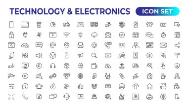 Teknoloji ve Elektronik ve Aygıtlar web simgeleri hizada. Cihaz, telefon, dizüstü bilgisayar, iletişim, akıllı telefon, ekommerce. Vektör illüstrasyonu.