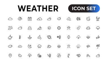 Weather icons. Weather forecast icon set. Clouds logo. Weather , clouds, sunny day, moon, snowflakes, wind, sun day. Vector illustration