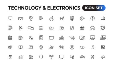 Teknoloji ve Elektronik ve Aygıtlar web simgeleri hizada. Cihaz, telefon, dizüstü bilgisayar, iletişim, akıllı telefon, ekommerce. Vektör illüstrasyonu.