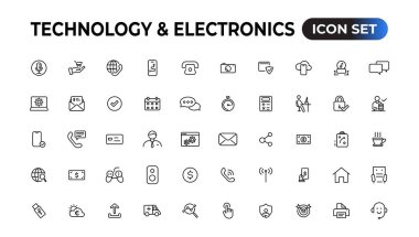 Teknoloji ve Elektronik ve Aygıtlar web simgeleri hizada. Cihaz, telefon, dizüstü bilgisayar, iletişim, akıllı telefon, ekommerce. Vektör illüstrasyonu.