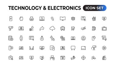Teknoloji ve Elektronik ve Aygıtlar web simgeleri hizada. Cihaz, telefon, dizüstü bilgisayar, iletişim, akıllı telefon, ekommerce. Vektör illüstrasyonu.