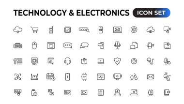 Teknoloji ve Elektronik ve Aygıtlar web simgeleri hizada. Cihaz, telefon, dizüstü bilgisayar, iletişim, akıllı telefon, ekommerce. Vektör illüstrasyonu.