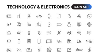 Teknoloji ve Elektronik ve Aygıtlar web simgeleri hizada. Cihaz, telefon, dizüstü bilgisayar, iletişim, akıllı telefon, ekommerce. Vektör illüstrasyonu.