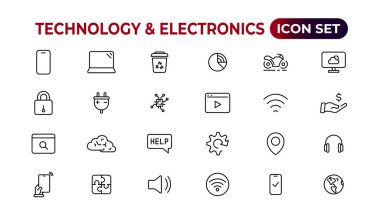 Teknoloji ve Elektronik ve Aygıtlar web simgeleri hizada. Cihaz, telefon, dizüstü bilgisayar, iletişim, akıllı telefon, ekommerce. Vektör illüstrasyonu.