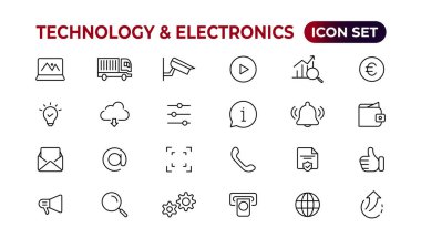 Teknoloji ve Elektronik ve Aygıtlar web simgeleri hizada. Cihaz, telefon, dizüstü bilgisayar, iletişim, akıllı telefon, ekommerce. Vektör illüstrasyonu.