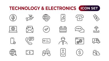 Teknoloji ve Elektronik ve Aygıtlar web simgeleri hizada. Cihaz, telefon, dizüstü bilgisayar, iletişim, akıllı telefon, ekommerce. Vektör illüstrasyonu.