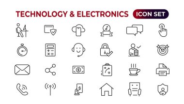 Teknoloji ve Elektronik ve Aygıtlar web simgeleri hizada. Cihaz, telefon, dizüstü bilgisayar, iletişim, akıllı telefon, ekommerce. Vektör illüstrasyonu.
