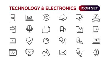 Teknoloji ve Elektronik ve Aygıtlar web simgeleri hizada. Cihaz, telefon, dizüstü bilgisayar, iletişim, akıllı telefon, ekommerce. Vektör illüstrasyonu.