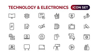 Teknoloji ve Elektronik ve Aygıtlar web simgeleri hizada. Cihaz, telefon, dizüstü bilgisayar, iletişim, akıllı telefon, ekommerce. Vektör illüstrasyonu.