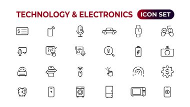 Teknoloji ve Elektronik ve Aygıtlar web simgeleri hizada. Cihaz, telefon, dizüstü bilgisayar, iletişim, akıllı telefon, ekommerce. Vektör illüstrasyonu.