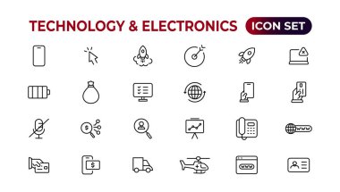 Teknoloji ve Elektronik ve Aygıtlar web simgeleri hizada. Cihaz, telefon, dizüstü bilgisayar, iletişim, akıllı telefon, ekommerce. Vektör illüstrasyonu.