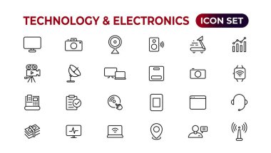 Teknoloji ve Elektronik ve Aygıtlar web simgeleri hizada. Cihaz, telefon, dizüstü bilgisayar, iletişim, akıllı telefon, ekommerce. Vektör illüstrasyonu.
