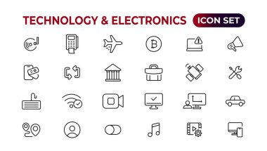 Teknoloji ve Elektronik ve Aygıtlar web simgeleri hizada. Cihaz, telefon, dizüstü bilgisayar, iletişim, akıllı telefon, ekommerce. Vektör illüstrasyonu.